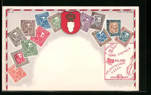 AK Island, Briefmarken, Landkarte und Wappen