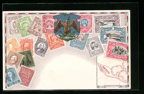 Präge-AK Mexico, Briefmarken und Wappen