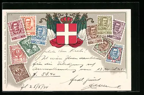 Lithographie Italien, Briefmarken und Wappen mit Flaggen und Krone