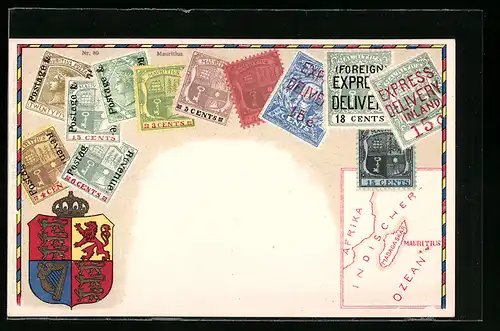 AK Mauritius, Briefmarken und Wappen mit Krone, Landkarte