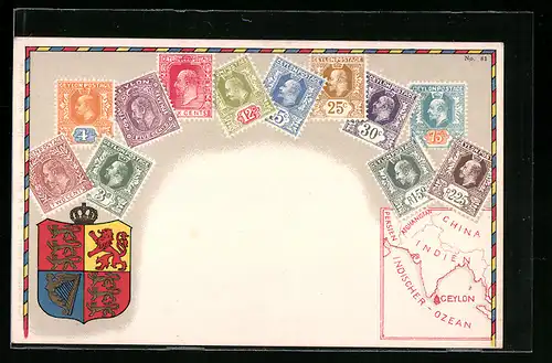 AK Ceylon, Briefmarken, Wappen und Landkarte