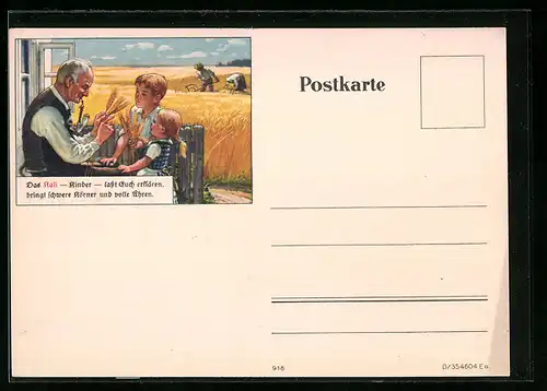 Künstler-AK Reklame für Kali-Dünger, Grossvater mit Kindern und Weizenähren