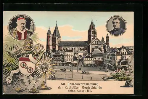 AK Mainz, Ortspartie mit Kirche, Anlasskarte Generalversammlung der Katholiken 1911, Wappen