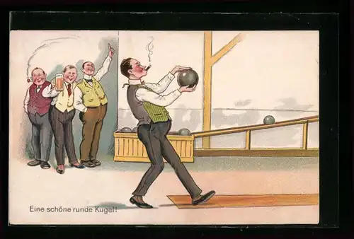 Künstler-AK Rauchender Mann beim Kegeln
