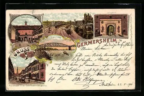 Lithographie Germersheim, Kasernenstrasse, Bahnhof, Ludwigsthor, Lilienstrasse