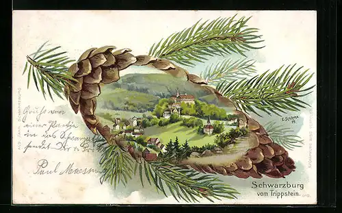 Passepartout-Lithographie Schwarzburg, Teilansicht vom Trippstein im Tannenzapfen