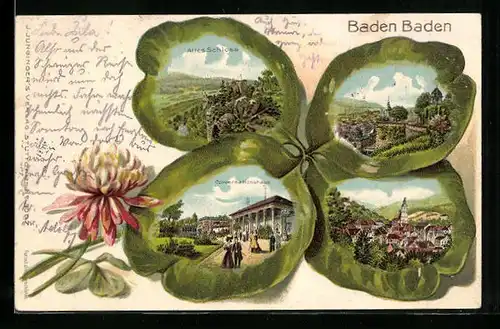 Passepartout-Lithographie Baden-Baden, Altes Schloss und Conversationshaus