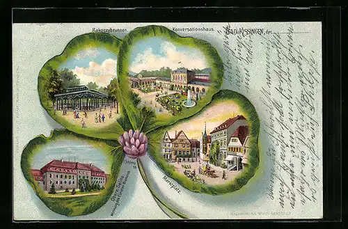 Passepartout-Lithographie Bad Kissingen, Rakoczybrunnen, Konversationshaus, Marktplatz, Kleeblatt