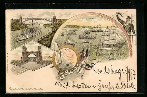 Lithographie Levensau, Kaiser-Wilhelm-Kanal, Kriegshafen, Hochbrücke Portal, S. M. Yacht Meteor