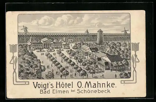 Lithographie Bad Elmen bei Schönebeck, Voigt`s Hotel O. Mahnke