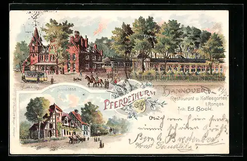 Lithographie Hannover, Restaurant und Kaffeegarten Pferdethurm, Strassenbahn