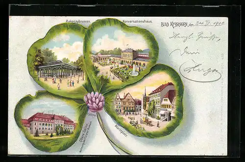 Passepartout-Lithographie Bad Kissingen, Rakoczybrunnen, Konversationshaus, Marktplatz, Kleeblatt