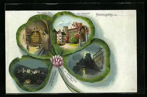 Passepartout-Lithographie Heidelberg, Ansichten auf Kleeblatt, Grosses Fass, Schlosshof