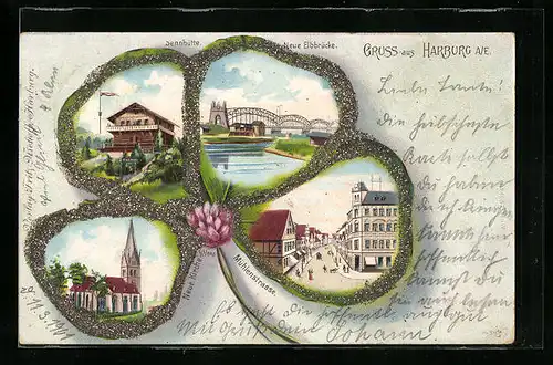 Passepartout-Lithographie Harburg a. E., Sennhütte, Neue Elbbrücke, Mühlenstrasse, Kleeblatt