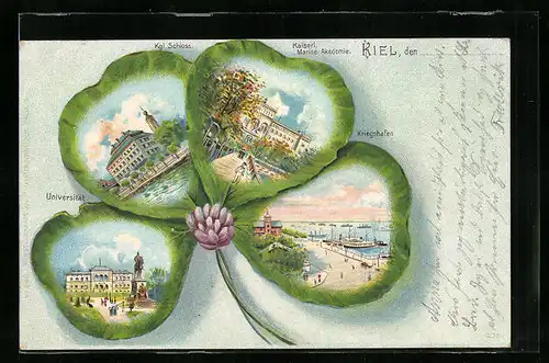 Passepartout-Lithographie Kiel, Universität. Kgl. Schloss, Kriegshafen, Kleeblatt