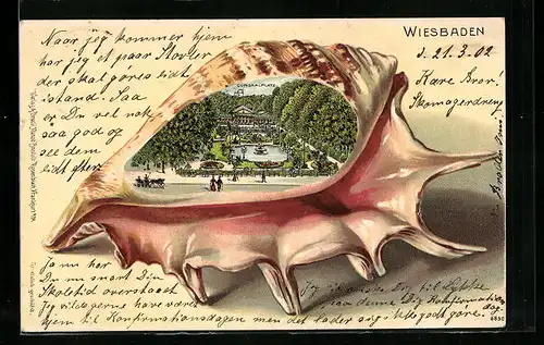 Passepartout-Lithographie Wiesbaden, Ansicht vom Kursaalplatz in einer Muschel