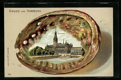 Passepartout-Lithographie Hamburg, Vor dem Rathaus, Muschel