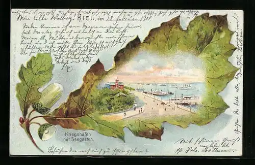 Passepartout-Lithographie Kiel, Kriegshafen mit Seegarten im Eichenblatt