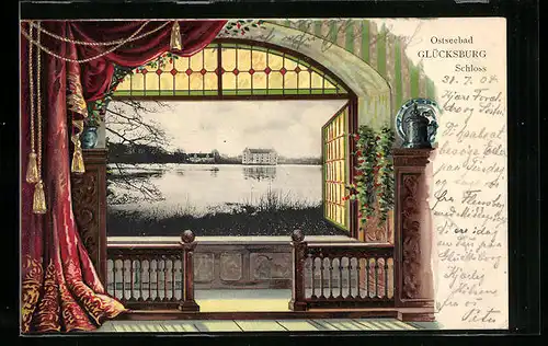 Passepartout-Lithographie Glücksburg, Schloss über den Schlossteich gesehen