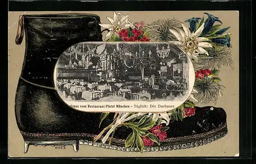 Passepartout-Lithographie München, Restaurant Platzl, Bergsteigerstiefel