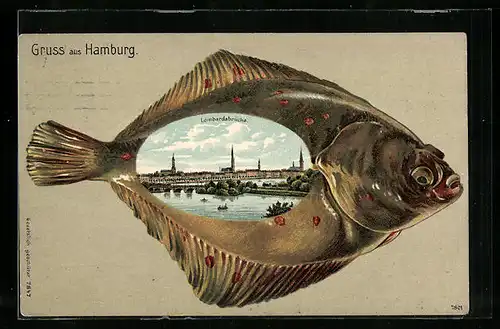 Passepartout-Lithographie Hamburg-Neustadt, Lombardsbrücke, Ansicht auf Flunder
