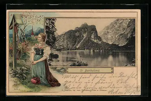 Passepartout-Lithographie St. Bartholomä, Gesamtansicht übern See