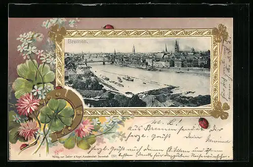 Passepartout-Lithographie Bremen, Gesamtansicht mit Weser