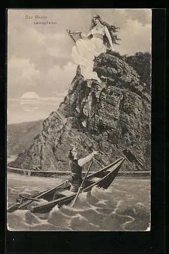 Künstler-AK Der Rhein, Schiffer am Loreley-Felsen