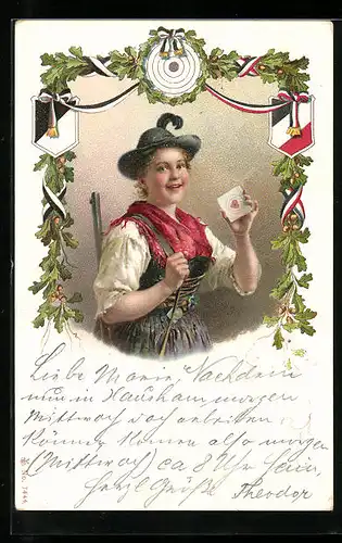 Lithographie Junge Schützin mit ihrem Volltreffer ins rote Herz, Schützenfest