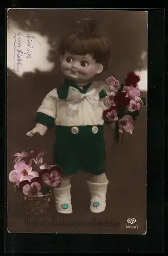AK Puppe mit Blümchen, Geburtstagsgruss