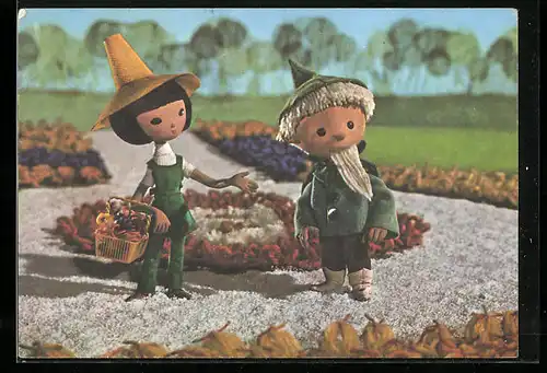 AK Das Sandmännchen und Gärtnerin mit Blumenkorb