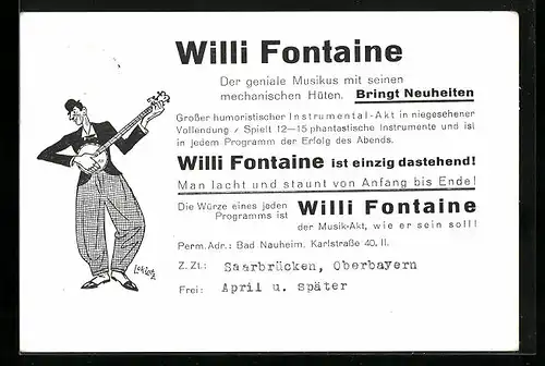 Künstler-AK Saarbrücken, Willi Fontaine mit Lautengitarre, Komiker