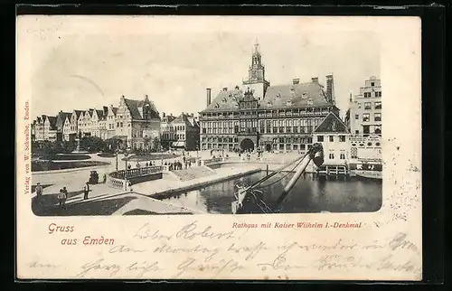 AK Emden, Rathaus mit Kaiser Wilhelm I.-Denkmal