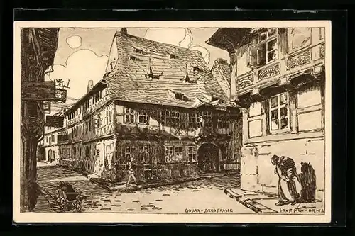 Künstler-AK Goslar, Bergstrasse mit Anwohnern