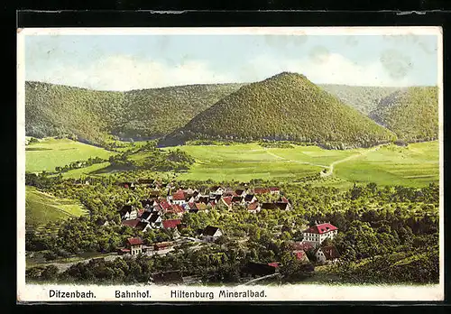 AK Ditzenbach, Ortsansicht m. Bahnhof u. Hiltenburg Mineralbad
