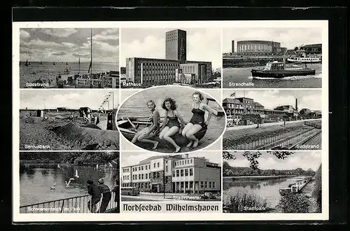 AK Wilhelmshaven, Geniusbank, Drei Nixen am Strand und Strandhalle