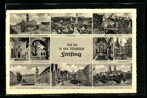 AK Freising, Isarbrücke m. Dom, Mariensäule u. Rathaus