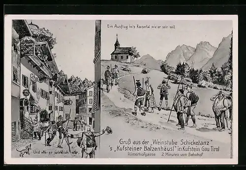 Künstler-AK Kufstein, Gasthaus Schicketanz, Römerhofgasse, mit Ausflüglern, Karikatur