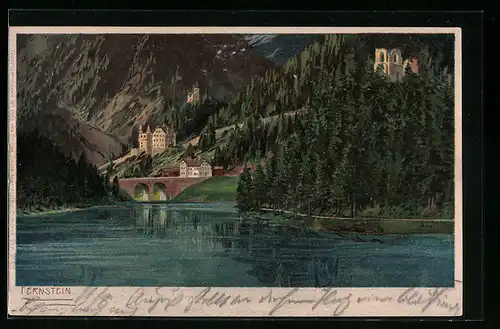 Lithographie Fernstein, Ortsansicht mit Brücke