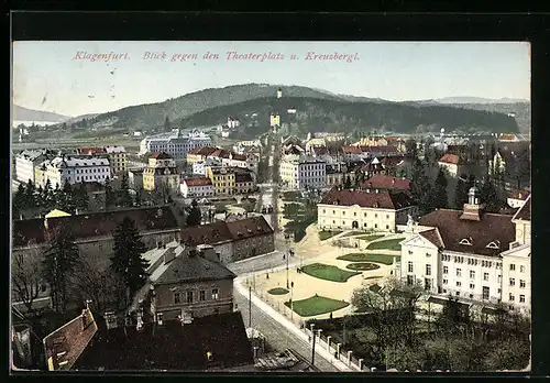 AK Klagenfurt, Theaterplatz und Kreuzbergl aus der Vogelschau