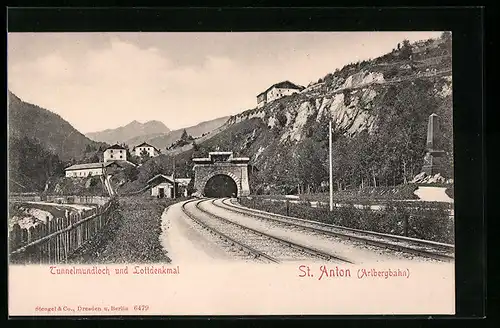 AK St. Anton /Arlbergbahn, Tunnelmundloch und Lottdenkmal