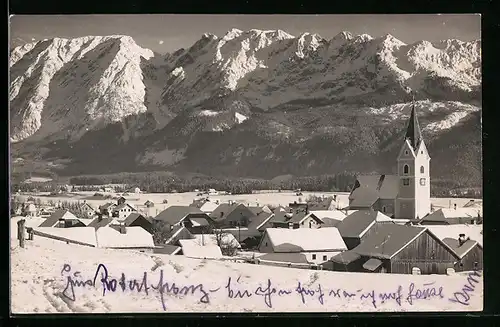 AK Mitterndorf, Ortsansicht mit Grimming im Winter