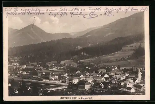 AK Mitterdorf, Ortsansicht mit Berggipfel