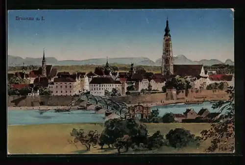 AK Braunau a. I., Ortsansicht mit Brücke und Kirche