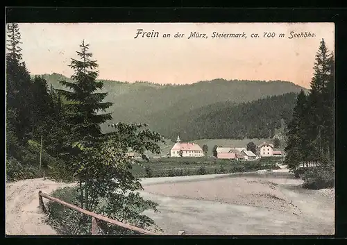 AK Frein an der Mürz, Teilansicht mit Kirche und Mürz, Wälder