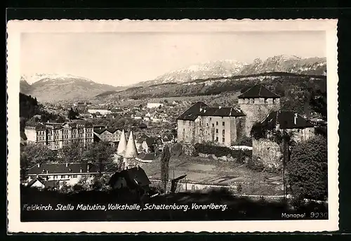 AK Feldkirch, Ortspartie mit Reichsfinanzschule, Volkshalle und Schattenburg