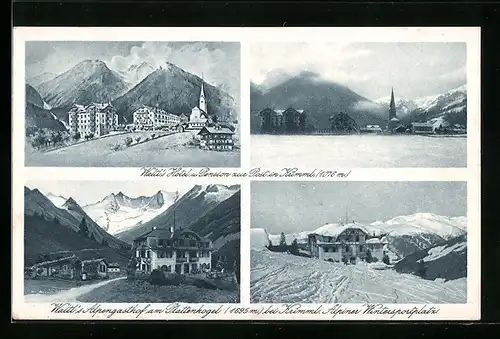 AK Krimml, Waltl`s Hotel und Pension zur Post, Waltl`s Alpengasthof am Plattenkogel, Ortspartie im Schnee