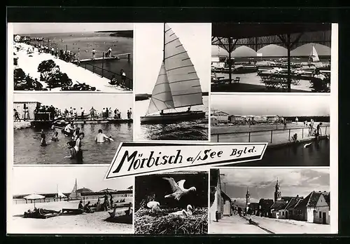 AK Mörbisch a. See /Bgld, Cafe, Strandbad, Strassenpartie mit Kirche