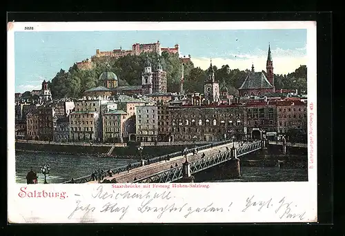AK Salzburg, Staatsbrücke mit Festung Hohen-Salzburg