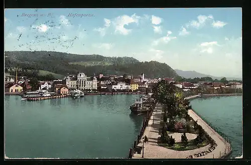 AK Bregenz a. B., Hafenpartie mit Blick auf den Ort